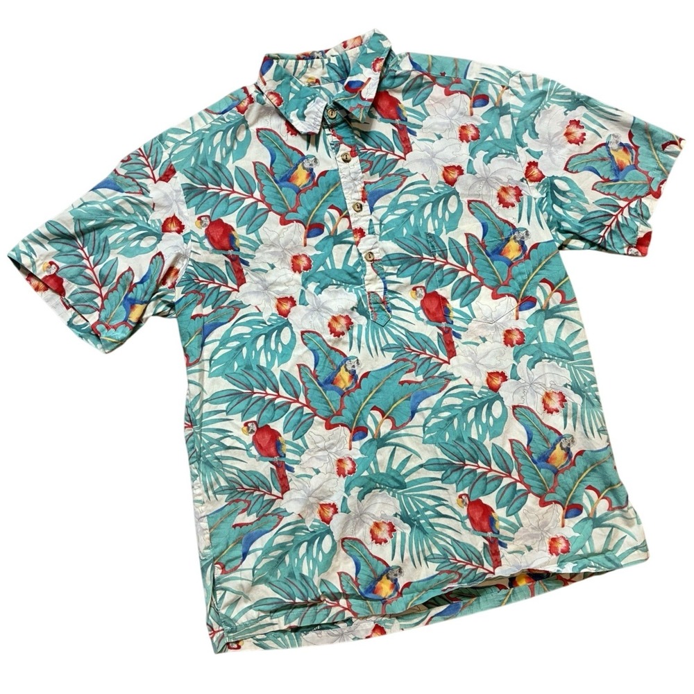 Boomerang Hawaii Reverse Print Parrot‎ Floral Vintage Shirt L Made in USA Cotton